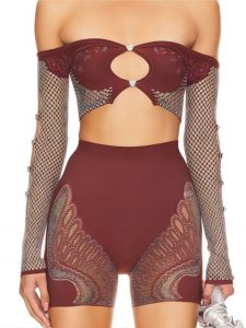 Bộ Đồ Lấp Lánh Ren Lưới Hai Lớp Tay Dài Cạp Cao Có Đính Đá Pha Trộn Gợi Cảm Cho Nữ Bộ Đồ Lót Hai Mảnh Và Quần Short Mùa Hè 2024