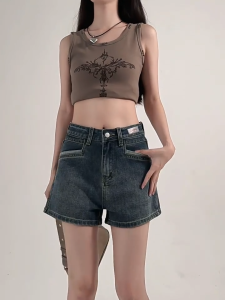 GHAOHES  แนววินเทจ   จัดส่งในประเทศไทย กางเกงยีนส์ขาสั้นเอวสูงทรงเอ หลวมเมทร์ง่าย  (V116)