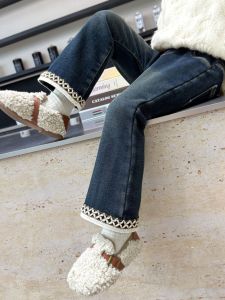 Baby Girls Lace Trousers Classic Style Bell-Bottom Pants Fall and Winter New Arrival Little Girl Casual Single-Layer Fleece-Lined Thick Jeans