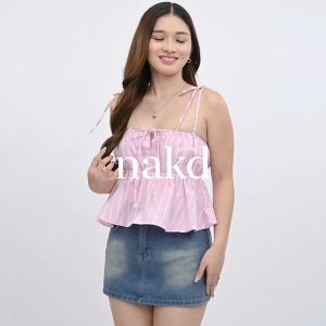 NAKD FASHION SIA BASIC LINEN SPAGHETTI RIBBON SELF TIE DAILY CASUAL STRIPES FLOWY TOP 1983