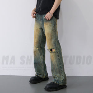 American Worn-look Washed Yellow Clay Dye Ripped Micro Stretch Mens Jeans Casual Loose Long Pants Spring 2025 Casual Jeans