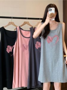 ชุดเดรสแขนกุดคอตตอนพิมพ์ลายหัวใจฤดูร้อนปี 2024 ทรงหลวม เดรสยาวปานกลาง เดรสแขนกุดคอตตอนแท้สำหรับผู้หญิงวัย 18-29 ปี