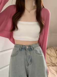 เสื้อคาร์ดิแกนแขนยาวทรงเข้ารูปสไตล์เกาหลีสำหรับผู้หญิงในช่วงฤดูร้อน สีชมพูราสเบอร์รี่ เสื้อคลุมกันแดดแบบบาง เสื้อคลุมกันหนาวแบบสั้น