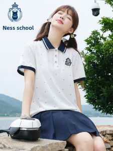 Niffeilu | Niffeilu Pure Cotton Polo Shirt Short Sleeve College Style High School Student Class Uniform Polo Collar T-Shirt Summer Basic