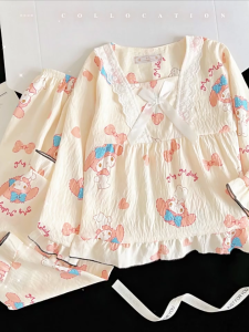 2025 ใหม่ ชุดนอนเด็กผู้หญิง ชุดนอนแขนยาว รูปแบบการ์ตูน เสื้อคอบัว ความงาม น่ารัก นุ่มสบาย 110-150cm 【จัดส่งจากประเทศไทย】