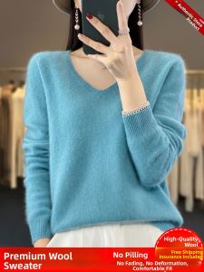 Erdos Womens Pure Wool Knitted V-Neck Sweater Spring Autumn Loose Thin Base Layer Sweater Warm Thermal Long Sleeve Crew Neck