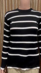 Blus Rajut Wanita Casual Stripe Polos Leher Bulat - Baju Haru Fashion Nable