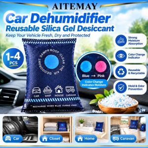 Aitemay 4pcs Reusable Car Dehumidifier Bag 100g Silicone Moisture Absorber Color Changing Indicator Microwave Reactivation Dampness Preventer For Home Wardrobe Closet Auto Interior Dryer