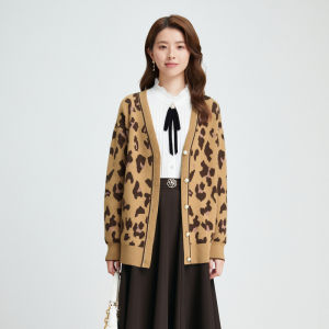 Koradior | Fall 100 Wool Rose Petal Leopard Print Fashion Cardigan