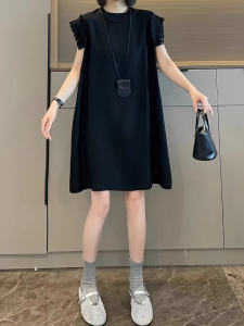 Elegant Lace Fly Sleeve Pleated Hem Midi Dress Women Summer plus Size Slimming A-Line Skirt Short Sleeve round Neck Dress