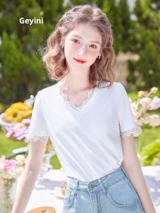 HEYINI | Áo Blouse V-Neck Màu Đơn Sweet Lace