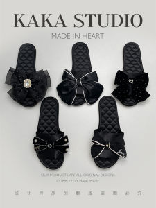 Dép Lười Satin Màu Đen Thanh Lịch Cho Nữ Mùa Xuân Hè Chống Trượt Đế Mềm Dép Lười Một Từ Trong Nhà