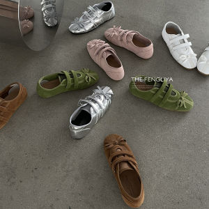 Casual Korean Flat Bottom Sneakers 2024 Spring Autumn Fashionable Genuine Leather Mary Jane Shoes with Butterfly Bow Decoration for Women