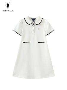 POLOWALK Childrens Fashionable Polo Collar Dress Cotton A-Line Skirt Summer New Style Little Fragrance Wind Dress for Girls