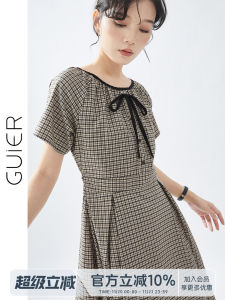 Guier Vintage Plaid round Neck Dress Womens Summer Waist Cinched Skirt A-Line Midi Dress Short Sleeve Zipper Closure Dress