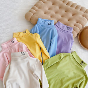 Áo Thun Dài Tay Lót Lông Cừu Cổ Cao Cho Bé Trai Và Bé Gái Mùa Đông Ấm Áp Thoải Mái Phong Cách Hàn Quốc Màu Trơn