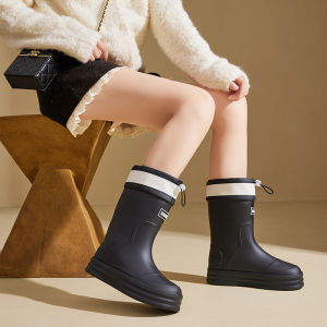 Giày Mưa Nữ Eva Chống Trơn Trượt Cao Đến Giữa Bắp Chân Năm 2024 Kiểu Dáng Thời Trang Chất Liệu PVC Có Dây Thun Mũi Tròn Đế Platform.