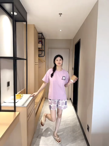 Womens summer short-sleeved trousers chest pad pajamas all-in-one three-piece homewear