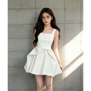 PIAOYA | White French Style Drape Slimming Bow Dress