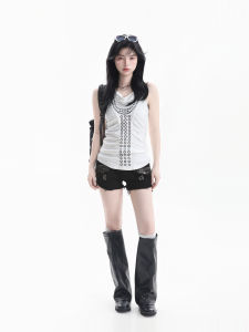 American Hotgirl Metal Rivets Waist-Cinching Pleats Light Asiana Style Vest