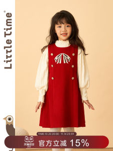 Little Time Girls Woolen Dress Vest New Year Visit Clothes for Children Ages 3-14 Red Autumn Winter A-Line Skirt Dress