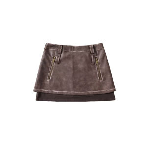 Váy Ngắn Chữ a Bằng Da PU Màu Trơn Phong Cách Đường Phố Cạp Cao Mùa Thu Đông Cho Nữ Váy Ngắn Mùa Thu Phong Cách Mỹ Cổ Điển