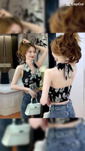 Mookrinstyle • เสื้อผูกคอลายดอก มี 2 สี ขาว ดำ สม็อคด้านหลัง เซ็กซี่ รับ summer