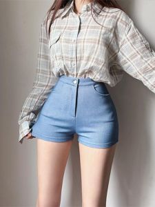 Quần Short Co Giãn Lưng Cao Màu Xanh Lam Cho Nữ Mùa Xuân 2025 Quần Bó Sát Hông Nhỏ Giúp Thon Gọn Quần Short Gợi Cảm