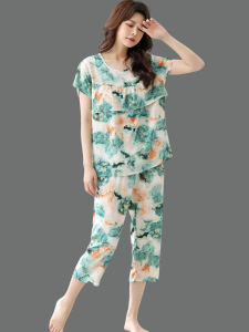 Ladieswear Summer Artificial Cotton Short Sleeve Tops Womens Home Pajamas Suit Middle-Aged and Elderly Cropped Pants Cotton Silk Two-piece Set