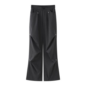 Miiow | Black Casual Work Pants Womens Summer Thin Loose Straight American Quick Dry Wide Leg Pants High Waist Polyester Fiber