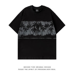 เสื้อยืดแขนสั้นพิมพ์ลายไม้พุดรคอตตอนหลวมๆ สไตล์วินเทจสไตล์ญี่ปุ่นสำหรับผู้ชายและผู้หญิง สวมใส่สบายๆ