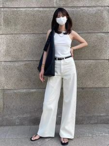 White Vintage High Waist Straight Fit Cotton Pants