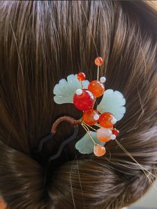 เครื่องประดับผมแบบโบราณสไตล์จีน ดอกไม้หินลูกปัดสีแดงอ่อน ดอกไม้ผมแบบโบราณสำหรับผู้หญิง ชุดฮันฟู่ ชุดกี่เพ้า