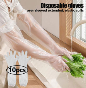 YESPERY 1/10Pcs Disposable PE Gloves Extended with Elastic Cuffs Anti Slip Kitchen Dishwashing Gloves Household Chores Long Gloves Thickened Durable Waterproof Transparent Disposable Gloves