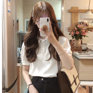 White Short Sleeve Polo Shirt Women Summer New Design Loose Fit Turn-down Collar T-shirt Cotton Blend Comfortable Casual Top