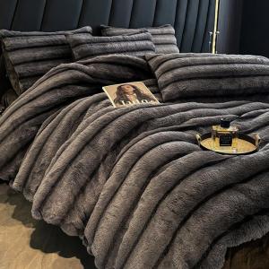 Thickened Stripe Black Milk Velvet Three-Piece Bedding Set Warm Fleece Rabbit Velvet Four-Piece Set Winter Durable Bedding