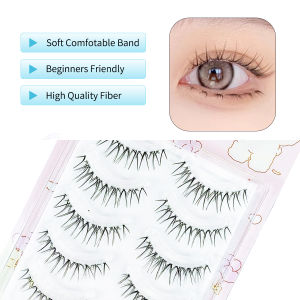 5 Pairs W70 False Eyelashes Wispy Soft Cluster Lashes Natural Thick Manga Eyelashes with Clear Band Korean Style Anime Makeup