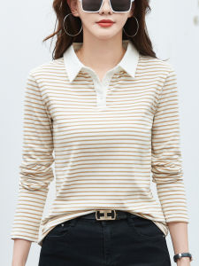 Pure Cotton Polo Shirt T-Shirt Womens Spring New Arrival Stripes Lapel Long Sleeves Plus Size Athleisure Collared Top Bottoming Shirt