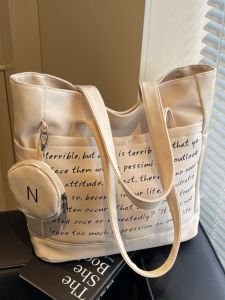 Korean Style Large Capacity Canvas Tote Bag Letter Print Commuter Student Class Single Shoulder Bag Soft Foldable Washable