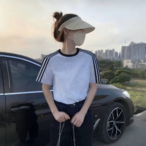 Summer Loose Fit Pure Cotton Short Sleeve T-Shirt Womens Casual Style Patchwork Stripe Design Slimming Sporty Top Trendy Ins