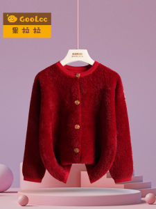 เสื้อคาร์ดิแกนขนกระต่ายสีแดงสำหรับเด็กผู้หญิง เสื้อคลุมกันหนาวหนา ฤดูใบไม้ร่วง/ฤดูหนาว เสื้อคลุมกันหนาวแบบสวมหัว ปกขนสัตว์ แขนยาว ปกติ