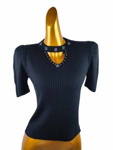 Cut Out Ice Silk Puff Sleeves Knitted Short-Sleeved Shirt Easiest for Match round Neck Heavy Industry Beads Stylish Pullover Thin Womens Clothing
