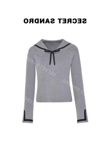 Chic Knitwear Butterfly Knot Doll Collar Slimming Top Fashionable Ageless Long Sleeve round Neck Pure Color Commute Style