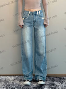 Retro Tang Loose Straight Leg Blue Jeans Womens Thin Wide Leg Long Trousers Low Waist Zipper Closure All Season Denim Pants