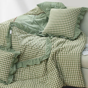 Pure Cotton Pillow Blanket Two-In-One for Car And Office Nap Air Conditioned Square Shape French Style Checkered Pattern