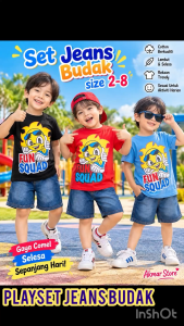 SET JEANS BUDAK LELAKI PLAYSET BUDAK PEREMPUAN SET DENIM SAIZ 2-8 BOYS T SHIRT SETS SELUAR PENDEK BUDAK 3/4 JEANS