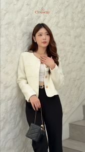 Clouwny Davia Tweed Blazer Wanita Formal Blazer Kantor Wanita Lengan Panjang Casual L/XXL