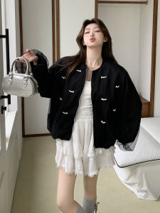 Black Design Sense Mesh Splicing Womens Jacket Autumn New Style Casual Loose Polyester Fiber Zipper Short Coat Top