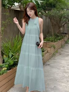 ชุดเดรสยาวสไตล์ฝรั่งเศสทรงเอเข้ารูปสไตล์ย้อนยุค ผ้าโพลีเอสเตอร์ แขนกุด คอตั้ง เอวสูง ฤดูร้อน 2024 ชุดเดรสยาวสไตล์ย้อนยุค