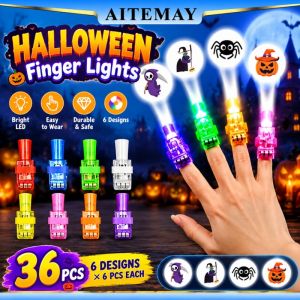 Aitemay 36pcs Halloween LED Finger Lights Projector Ring Glow In Dark Party Favors Pumpkin Ghost Spider Witch Pattern Flashing Toy For Kids Trick Or Treat Goodie Bag Stuffers Prizes